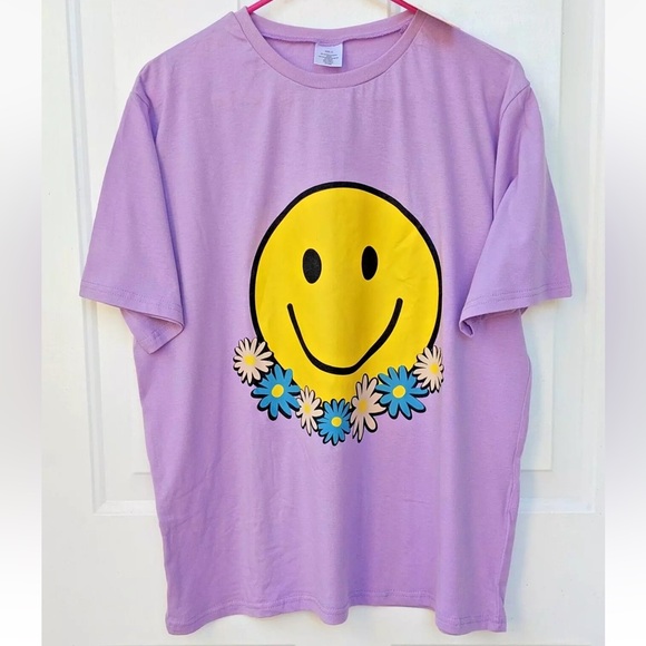 2pc Happy Flower Power Peace Love & Vibes Ladies T-Shirt& pouch Sz:L lilac/green - Picture 2 of 5